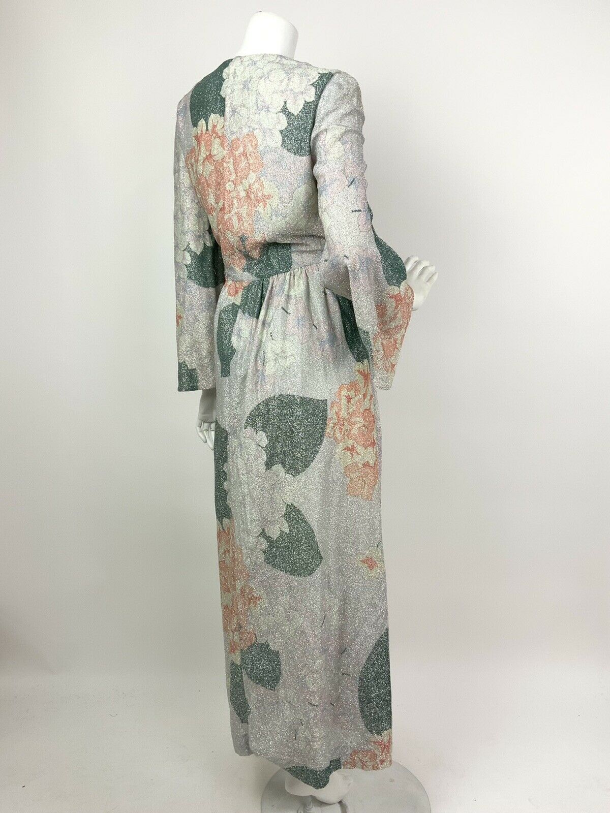 VTG 60s 70s SILVER WHITE PEACH LILAC GREEN FLORAL GLITTER DISCO MAXI DRESS 14