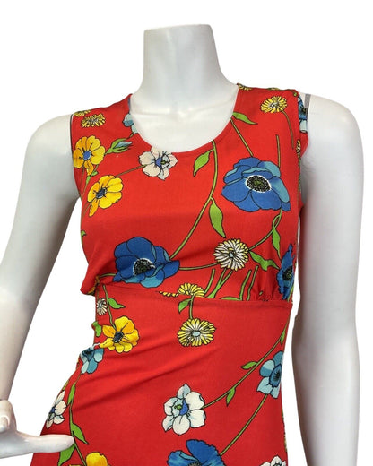 VINTAGE 60s 70s RED BLUE YELLOW FLORAL POPPY SLEEVELESS MOD MAXI DRESS 8