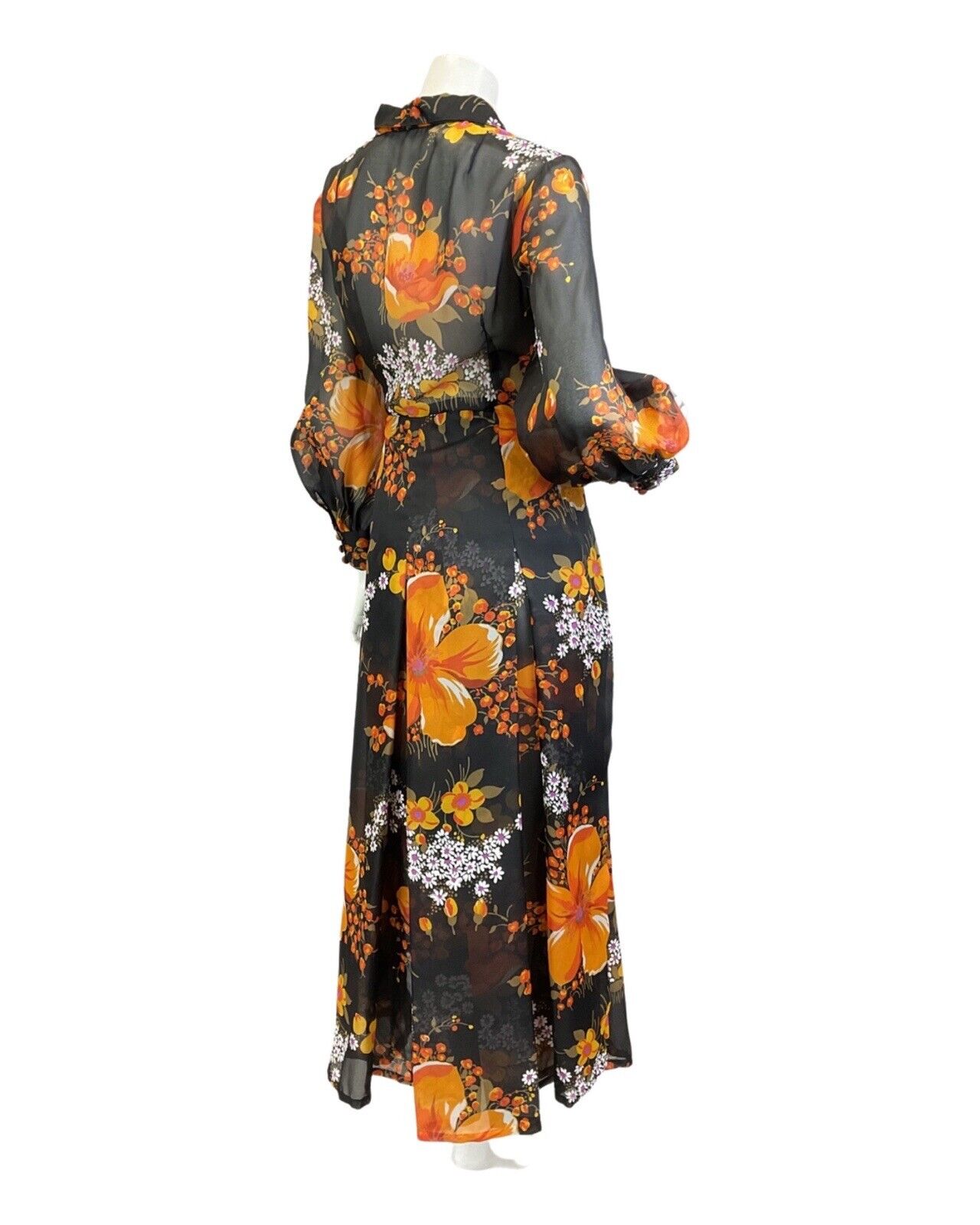 VTG 60s 70s BLACK ORANGE WHITE FLORAL PETER PAN COLLAR SHEER MAXI DRESS 16 18