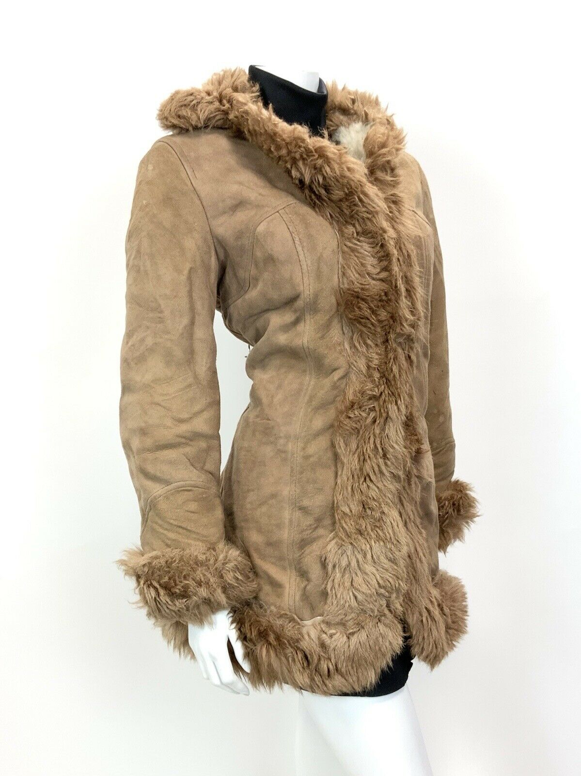 VINTAGE 60s 70s CAMEL BROWN SUEDE LEATHER SHEARLING FUR BOHO SHORT COAT 12 14