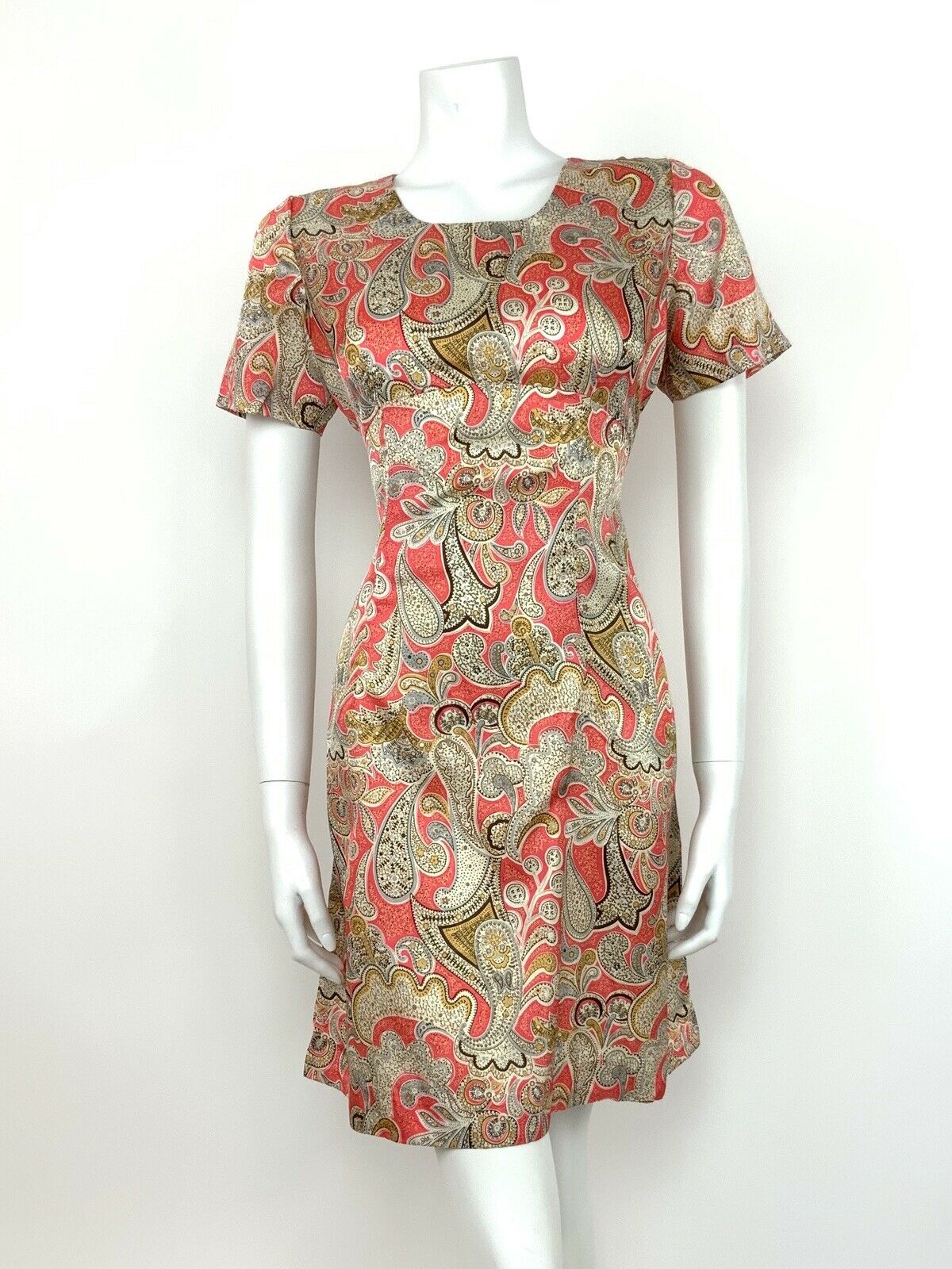 VTG 60s SUMMER DRESS PAISLEY FLORAL PINK SILVER CREAM GREY BROWN GOLD 12