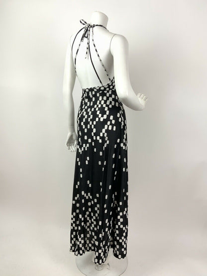 VINTAGE 60s 70s BLACK WHITE CHECKERBOARD GEOMETRIC STRAPPY MAXI DRESS 8 10