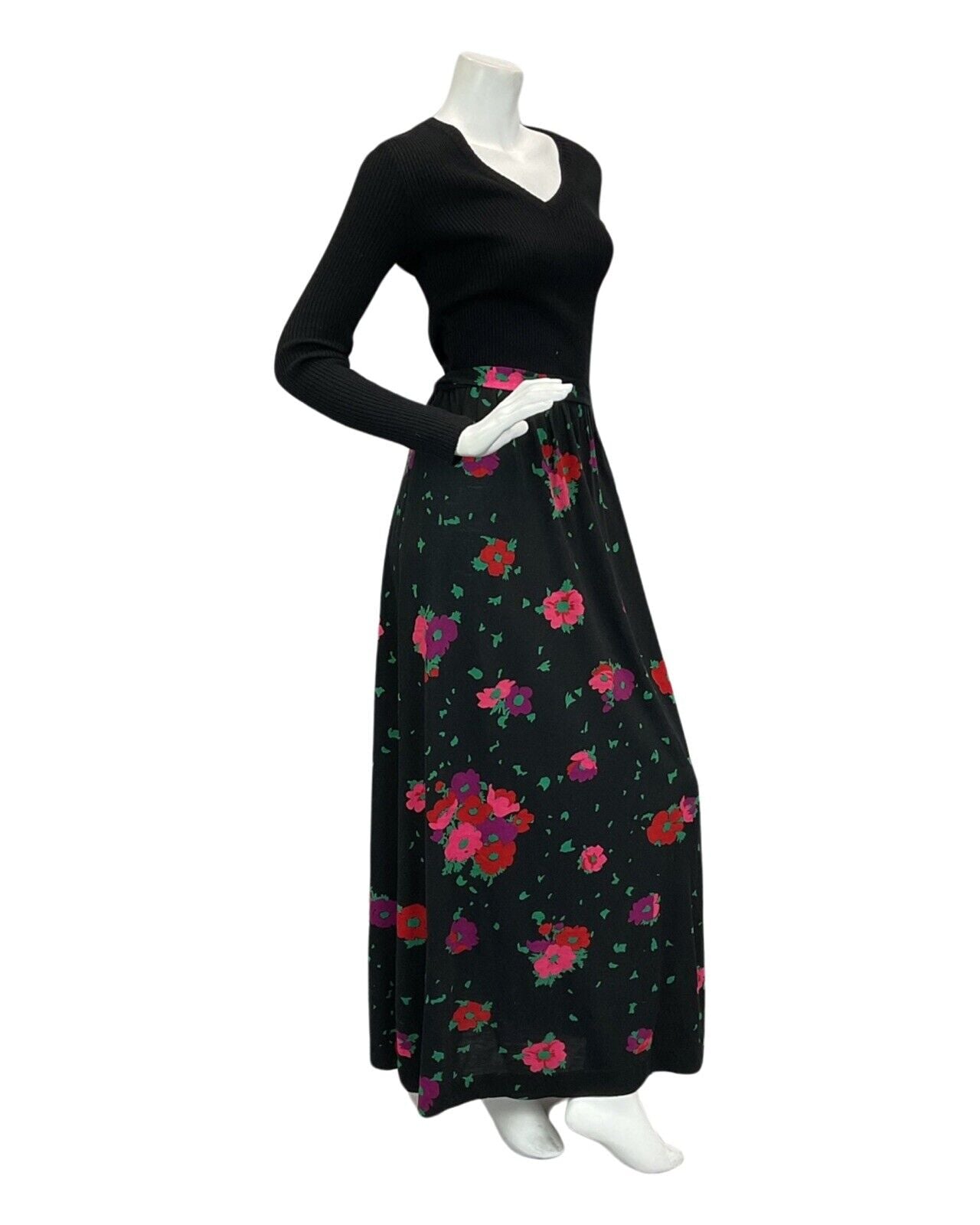 VINTAGE 60s 70s BLACK RED GREEN PURPLE FLORAL PRINT MAXI DRESS 10