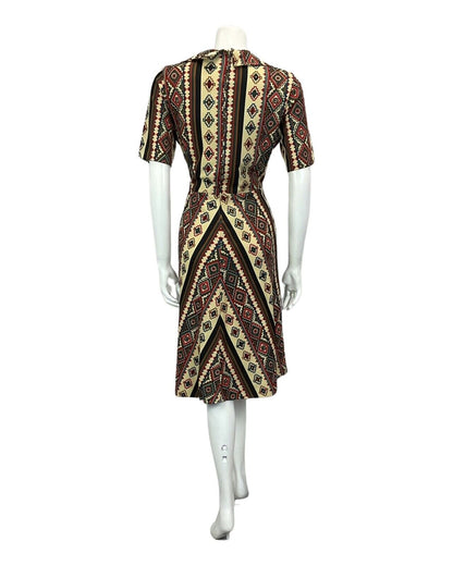 VINTAGE 60s 70s TAN BROWN RED AZTEC FOLK A LINE MIDI DRESS 14