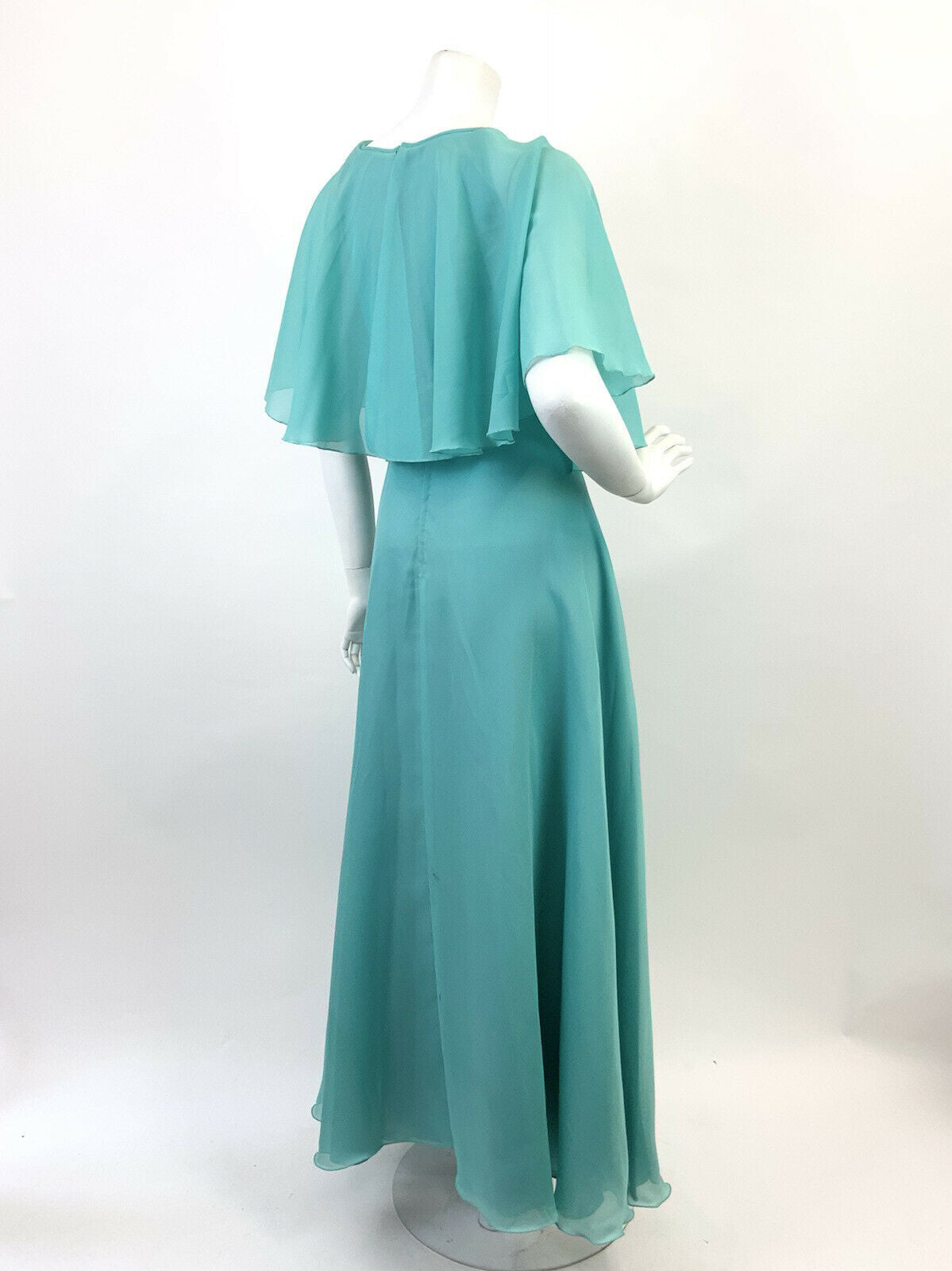 VINTAGE 60s 70s BLUE SEA GREEN FLOATY SHEER CAPE SLEEVE HOSTESS BOHO MAXI DRESS