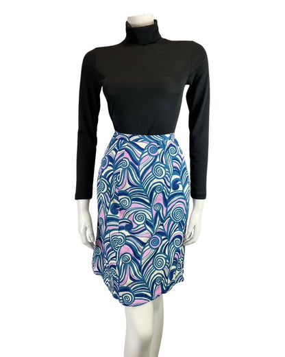 VINTAGE 60s 70s BLUE WHITE PURPLE PSYCHEDELIC SWIRL MOD SHORT SKIRT 10