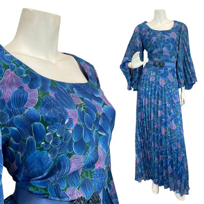 VINTAGE 60s 70s BLUE PURPLE FLORAL LEAFY BOHO MOD PLEATED MAXI DRESS 12 14