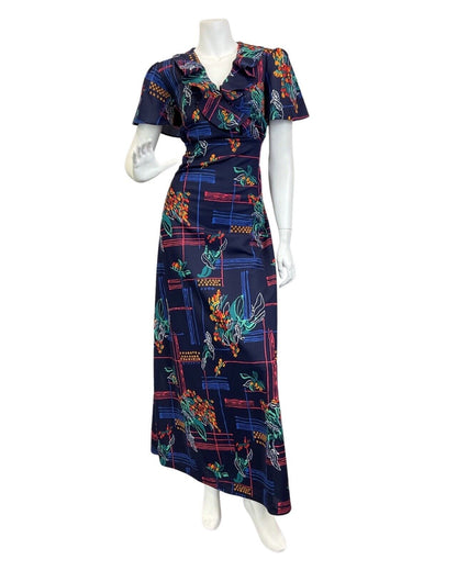 VINTAGE 60s 70s BLUE GREEN ORANGE GEOMETRIC DOTTY LEAFY MOD MAXI DRESS 16