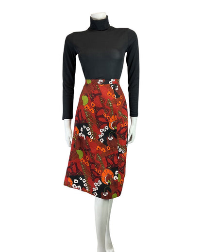 VINTAGE 60s 70s RED BLACK GREEN PSYCHEDELIC FLORAL MOD MIDI SKIRT 12 14