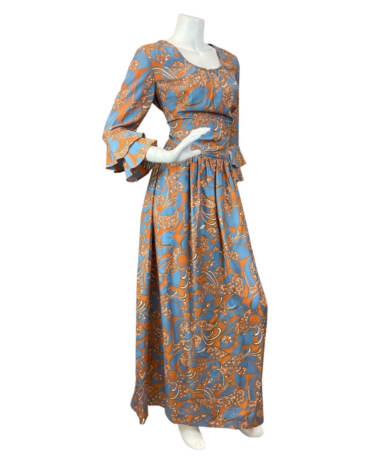 VINTAGE 60s 70s BLUE ORANGE PSYCHEDELIC FLORAL FLOUNCE SLEEVE MOD MAXI DRESS 12