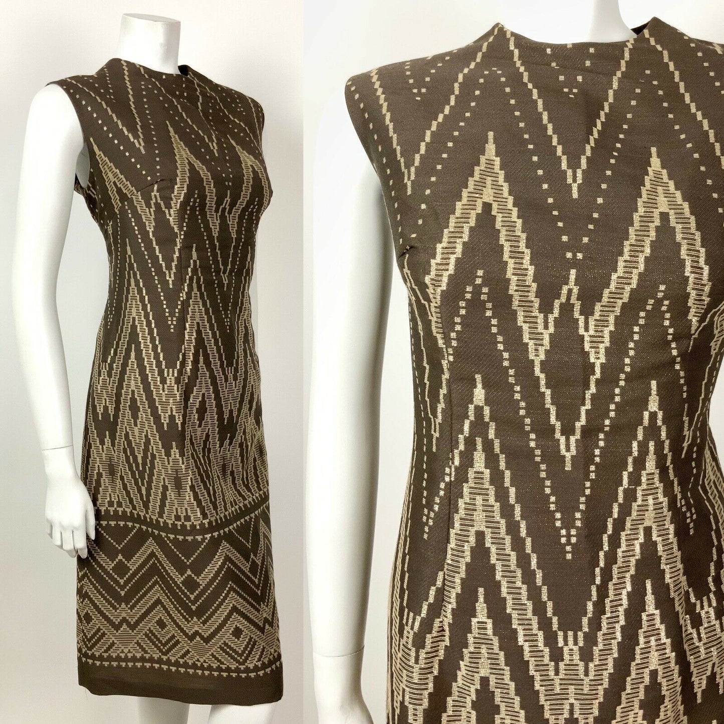 VINTAGE 60s 70s BROWN GOLD CREAM ZIG ZAG AZTEC SLEEVELESS DRESS 12 14