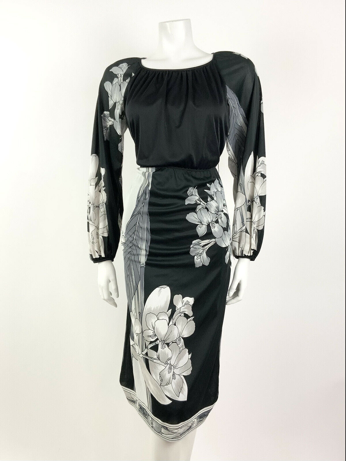 VINTAGE 60s 70s BLACK SILVER WHITE FLORAL LEAFY BOHO MIDI DRESS 8