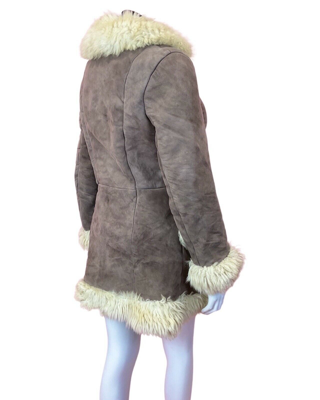 VINTAGE 60s 70s PEANUT BROWN CREAM SUEDE LEATHER BOHO SHEARLING COAT 10 12