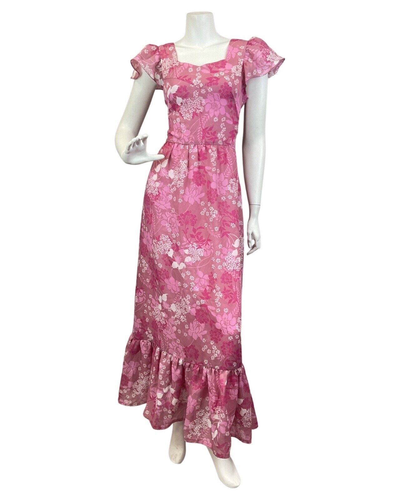 VINTAGE 60s 70s ROSE PINK WHITE RUFFLED FLORAL LEAFY MAXI DRESS 8