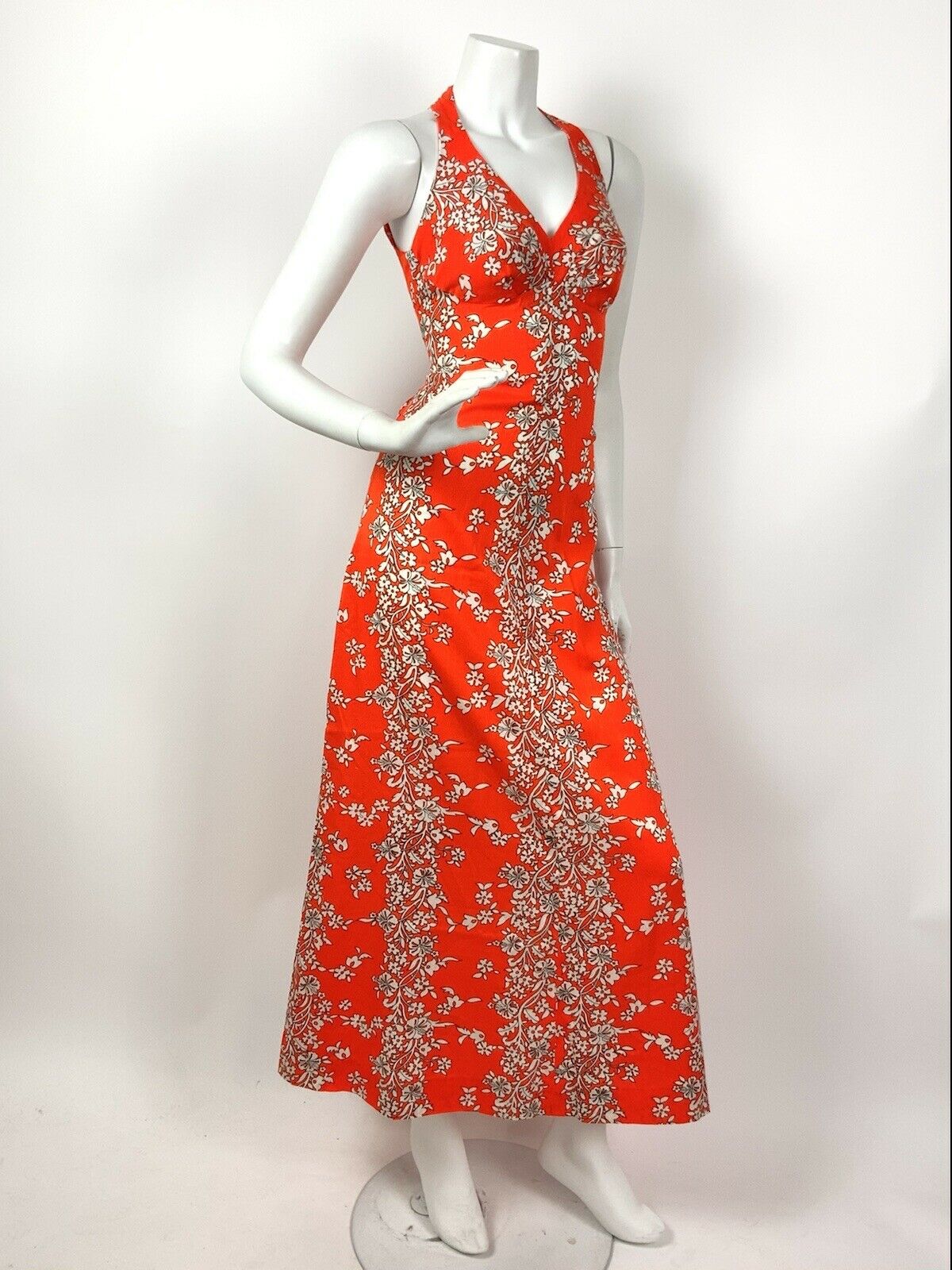 VTG 60s 70s NEON ORANGE WHITE HAWAIIAN FLORAL PLUNGING HALTER MAXI DRESS 8 10