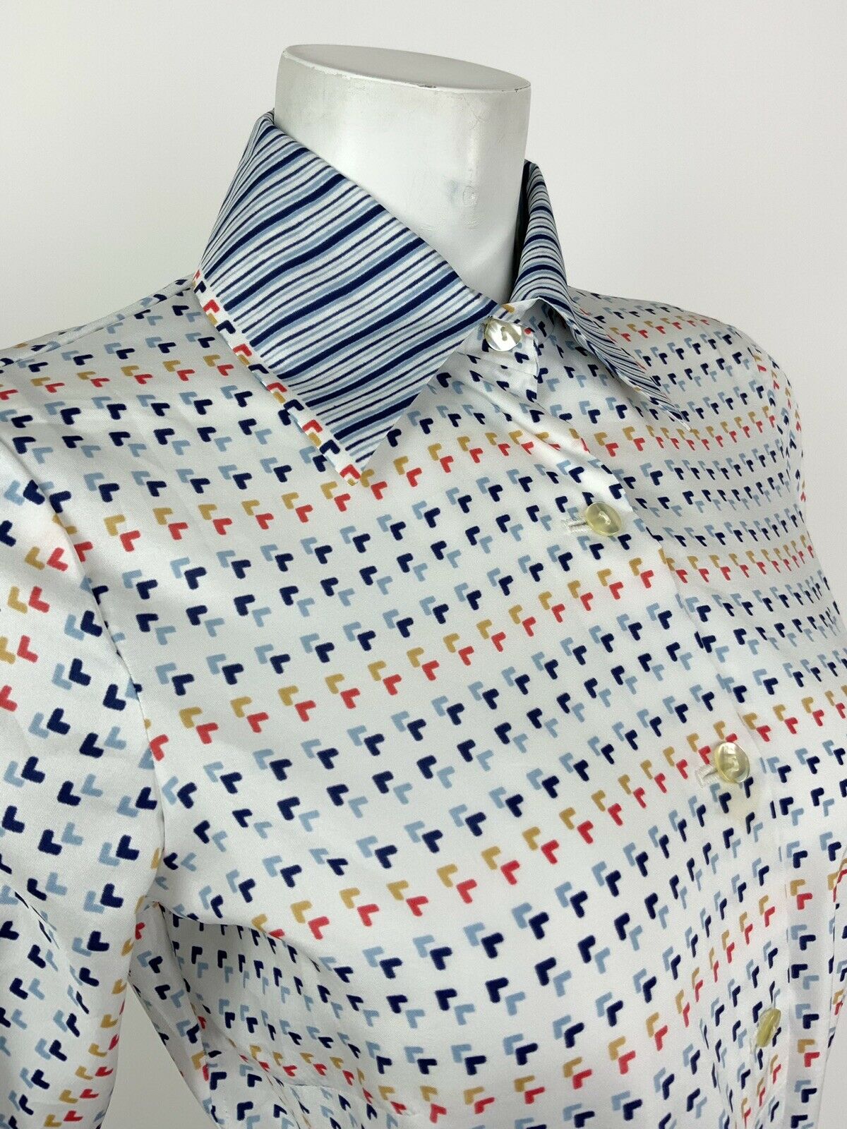 VINTAGE 60s 70s WHITE BLUE YELLOW ORANGE GEOMETRIC STRIPED MOD SHIRT 12 14