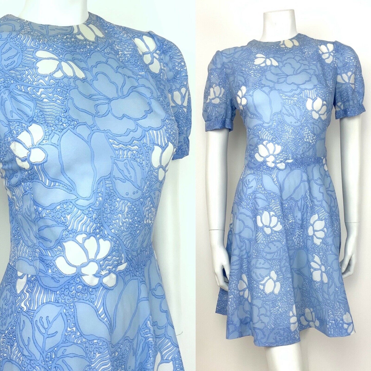 VINTAGE 60s 70s PALE BLUE WHITE FLORAL SWING SUMMER DRESS 12 14