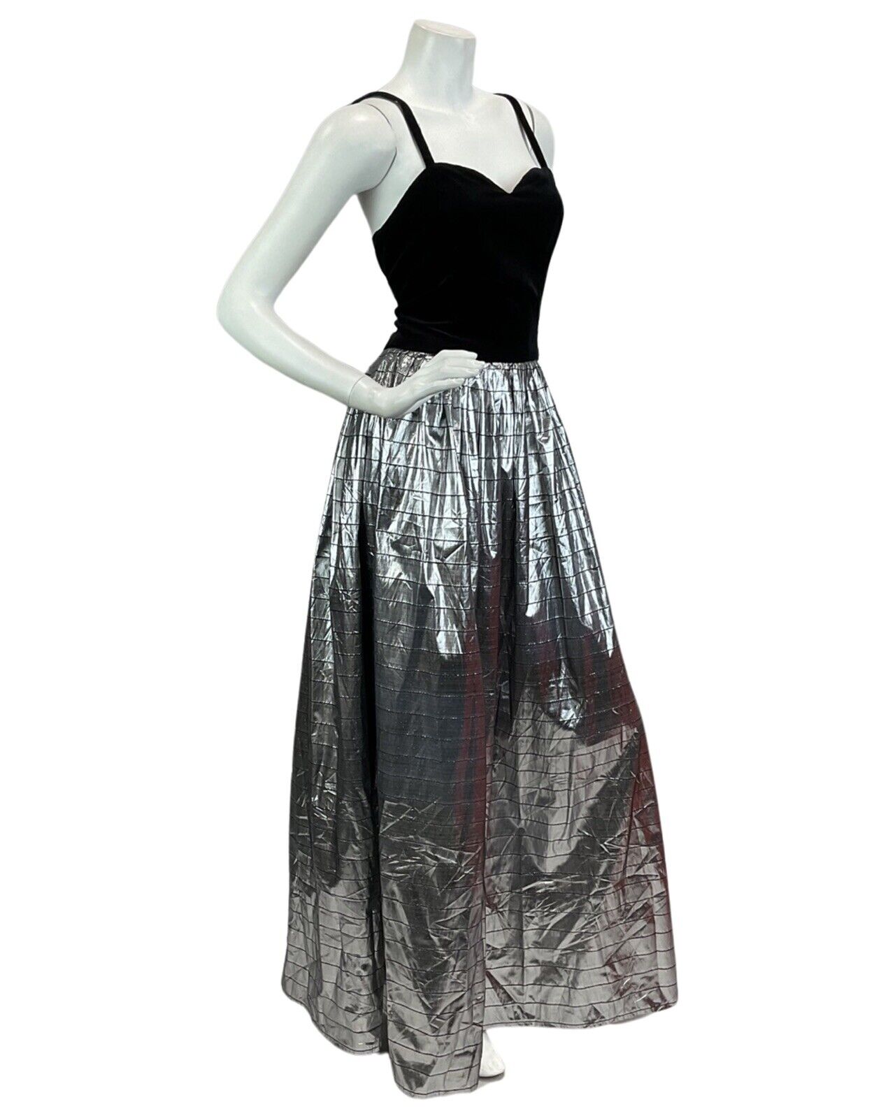 VINTAGE  70s 80s BLACK SILVER METALLIC DISCO EVENING PARTY MAXI DRESS 8 10