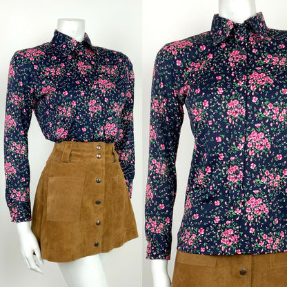 VINTAGE 60s 70s NAVY BLUE RED PINK GREEN DITSY FLORAL ROSE SHIRT 10 12