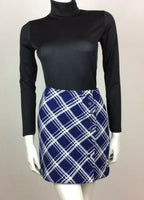 BLUE WHITE CHECK WOOL MINI SKIRT BUTTON FRONT 60S 70S TRUE VINTAGE SZ 8