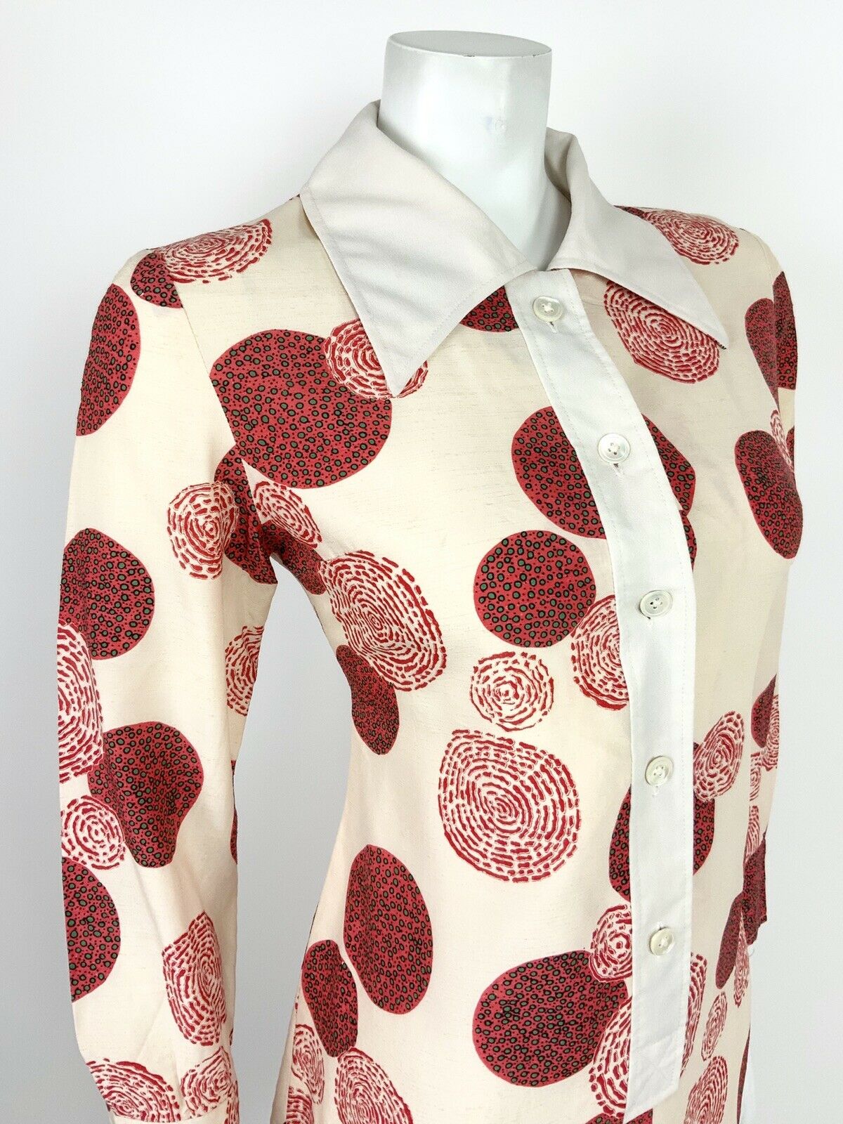 VTG 60s 70s MOD CREAM RED BLACK GREEN GEOMETRIC CIRCLE SHIRT DRESS 8 10