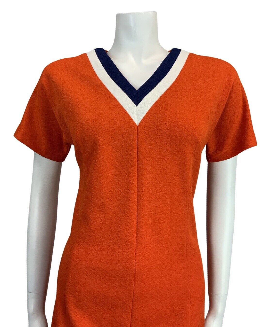 VINTAGE 60s 70s ORANGE NAVY BLUE WHITE MINI MOD NAUTICAL DRESS 10 12