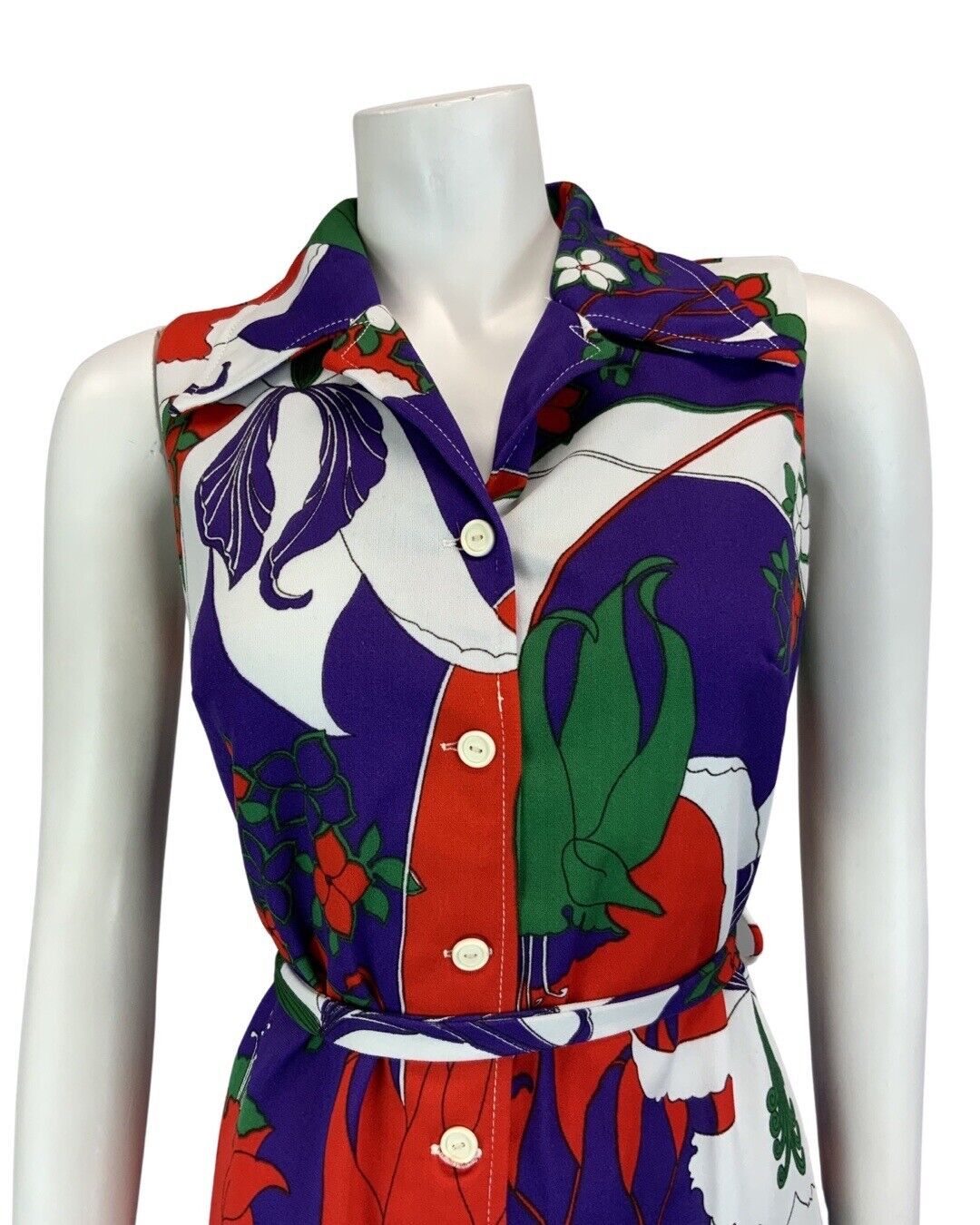 VINTAGE 60s 70s WHITE PURPLE RED  GREEN PSYCHEDELIC  FLORAL PRINT DRESS 14