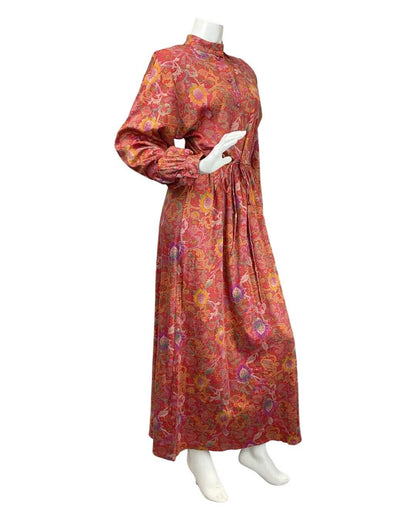 VINTAGE 70s RED PURPLE GREEN FLORAL PAISLEY BOHO LONGSLEEVE MAXI DRESS 10 12