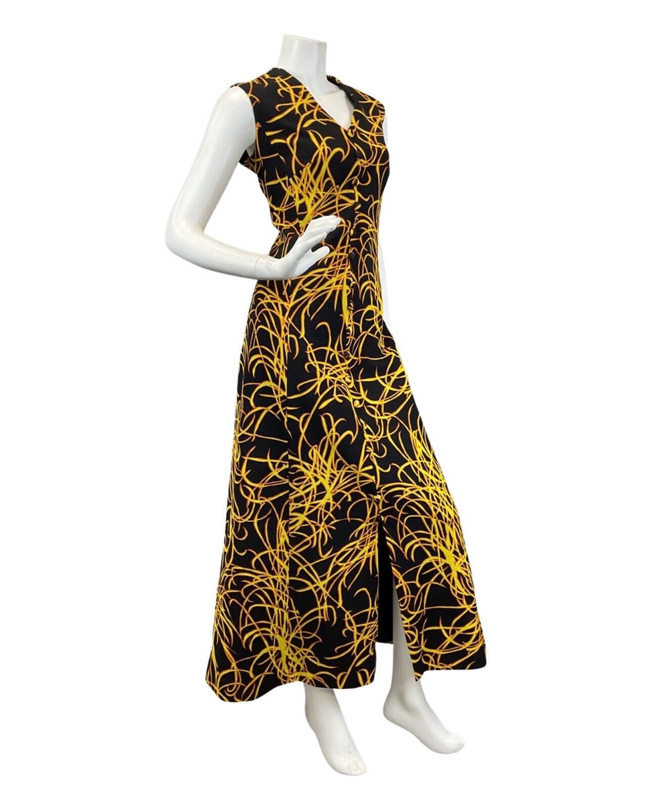 VTG 60s 70s BLACK YELLOW ORANGE FLAMES PSYCHEDELIC SLEEVELESS MAXI DRESS 14 16