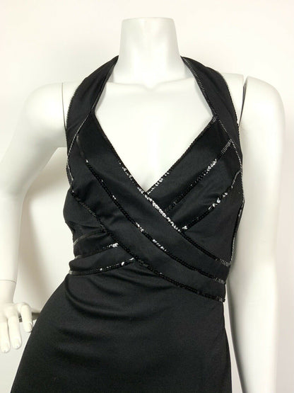 VINTAGE 60s 70s BLACK SEQUIN DISCO STUDIO 54 GLAM HALTER MAXI DRESS 10 12