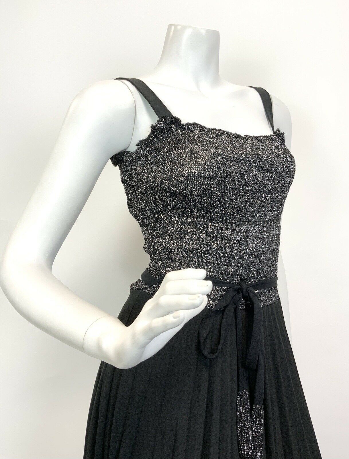 VINTAGE 60s 70s BLACK SILVER DISCO GLAM STUDIO 54 PARTY STRAPPY MAXI DRESS 6 8