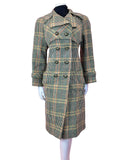 VTG 60s 70s GREEN BEIGE ORANGE CHECKED PLAID DOUBLE-BREASTED MOD WOOL COAT 16