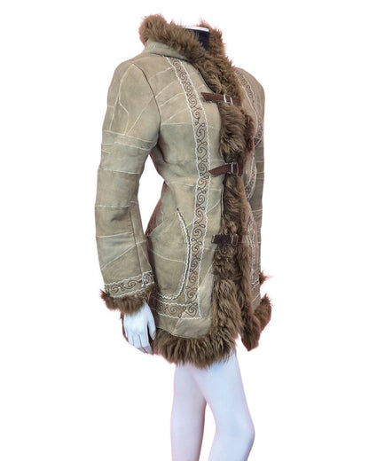 VINTAGE 60s 70s BROWN WHITE EMBROIDERED PATCHWORK HOODED BOHO SHEARLING COAT 14