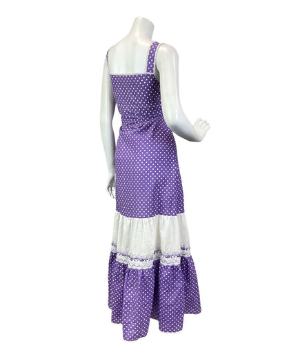 VINTAGE 60s 70s PURPLE CREAM POLKA-DOT EMBROIDERED FLORAL BOHO MAXI DRESS 8