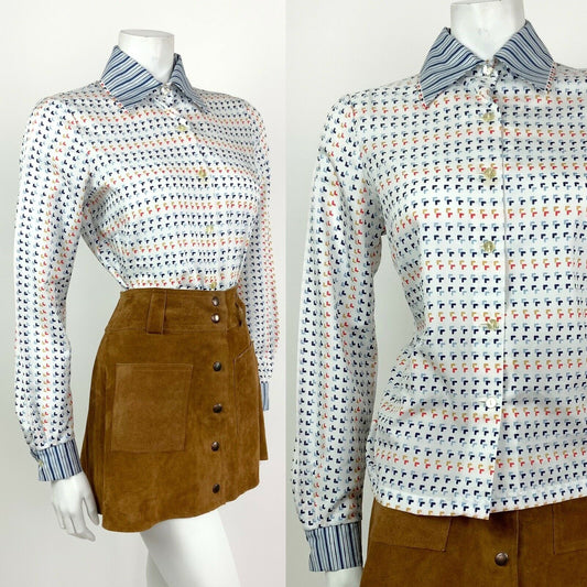 VINTAGE 60s 70s WHITE BLUE YELLOW ORANGE GEOMETRIC STRIPED MOD SHIRT 12 14