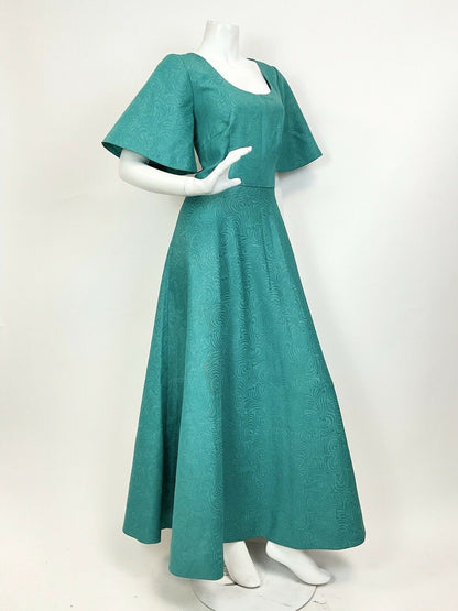 VTG 60s 70s GREEN SILVER GOLD FLORAL SWIRL BELL SLEEVE PARTY MAXI DRESS 12 14