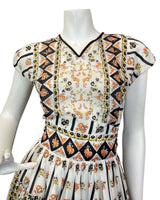 VTG 60s 70s WHITE BLACK ORANGE GEOMETRIC FLORAL BOHO FOLK MAXI DRESS 6