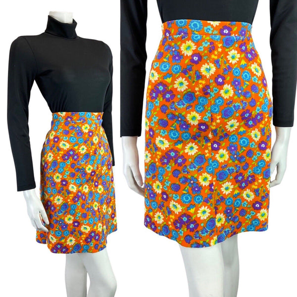 VINTAGE 60s 90s ORANGE BLUE PURPLE DAISY FLOWER MOD RIBBED SHORT SKIRT 8 10