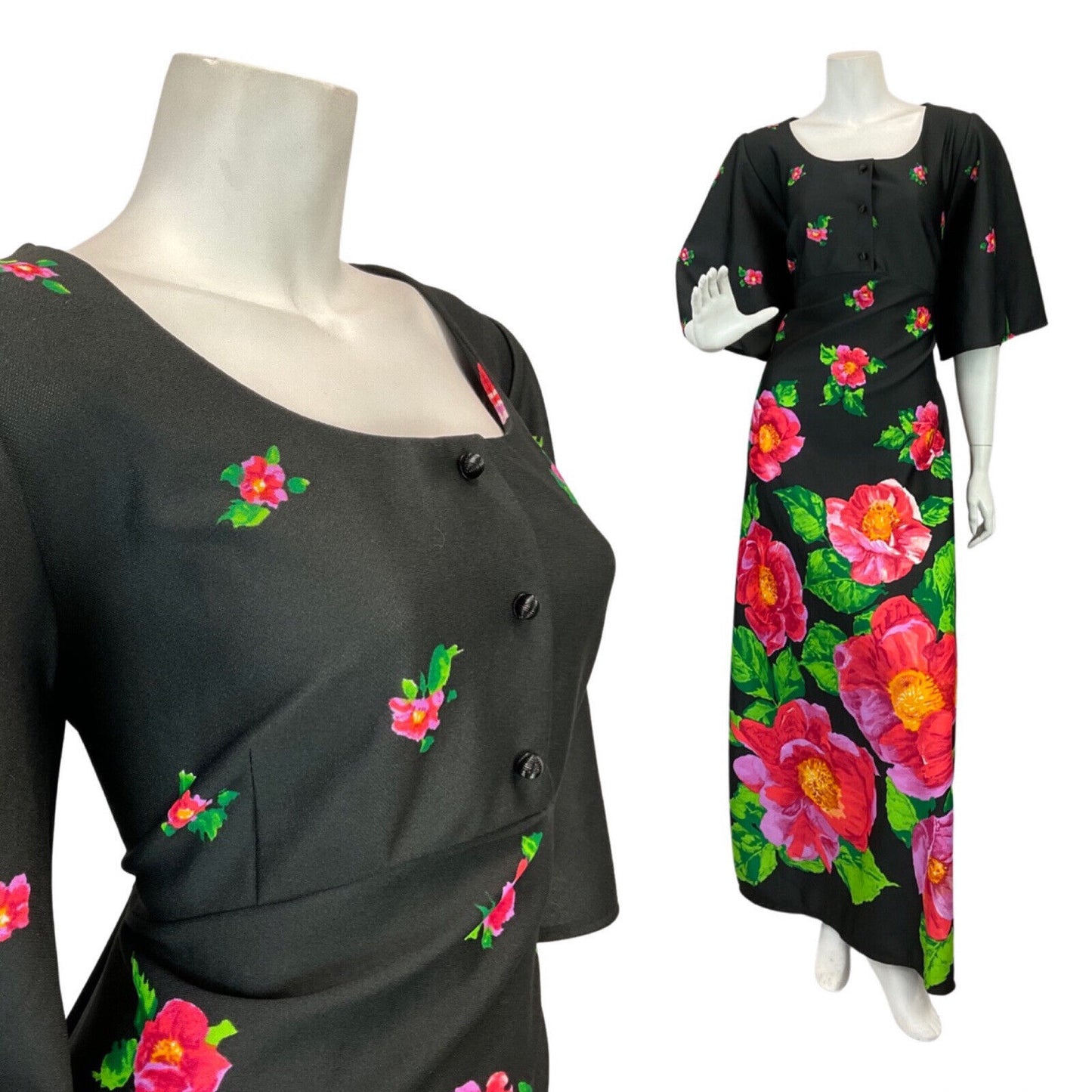 VINTAGE 60s 70s BLACK PINK GREEN FLORAL GARDEN MOD BOHO MAXI DRESS 16