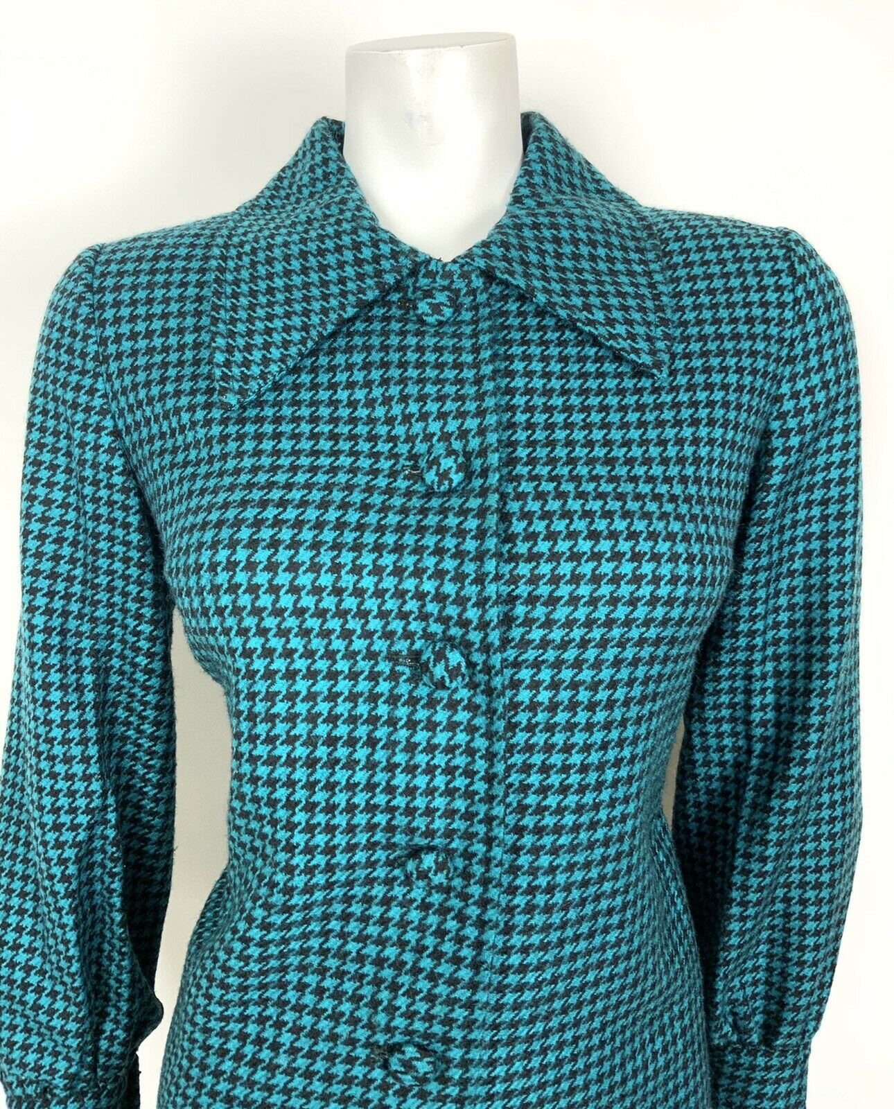 VTG 60s 70s PINE GREEN BLACK DOGTOOTH DAGGER COLLAR SHIRT SHIFT DRESS 8 10 12