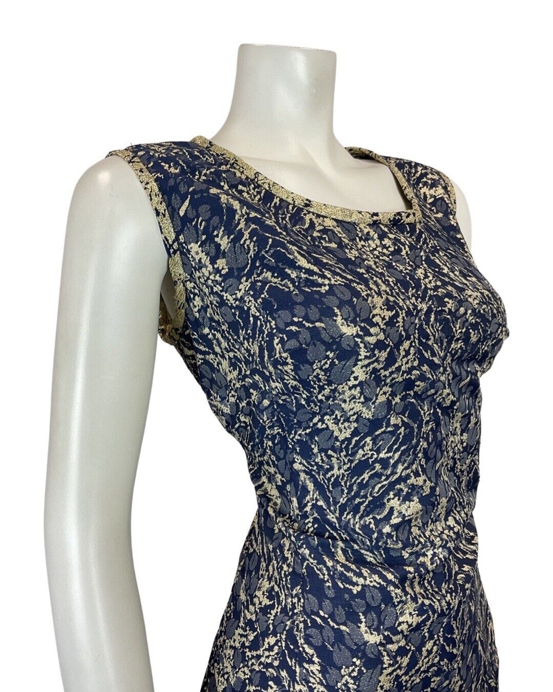 VINTAGE 60s 70s BLUE SILVER PSYCHEDELIC LEAFY PARTY GLAM SLEEVELESS DRESS 14