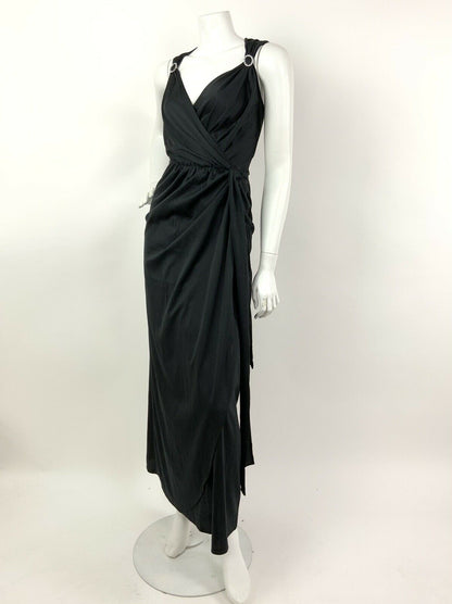 VINTAGE 60s 70s BLACK DIAMANTE PLUNGE NECK STUDIO 54 WRAP MAXI DRESS GOWN 6 8 10