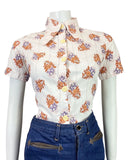 VTG 60s 70s WHITE ORANGE PURPLE FLORAL DOTTY DAGGER COLLAR SHIRT BLOUSE 10 12