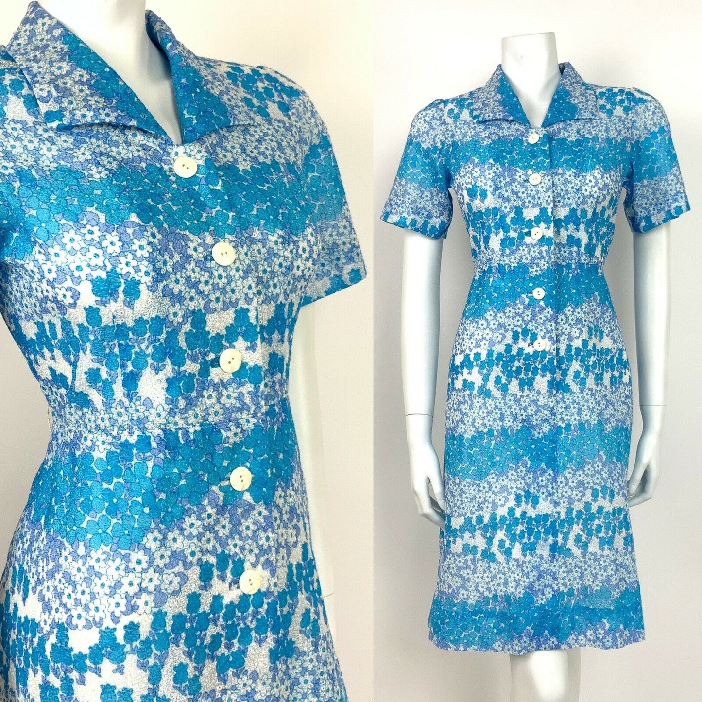 VTG 60s 70s BLUE WHITE DAISY FLORAL LACE BRODERIE SHIRT DRESS SUMMER 10 12