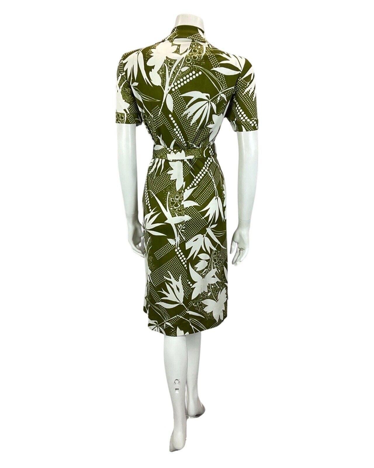 VINTAGE 60S 70S WHITE KHAKI GREEN FLORAL ABSTRACT PRINT BELTED MIDI DRESS 12 14