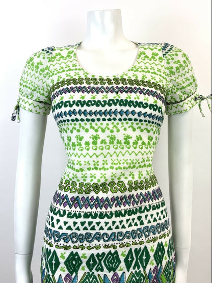 VINTAGE 60s 70s WHITE GREEN BLUE GEOMETRIC AZTEC STRIPED MOD MINI DRESS 8 10