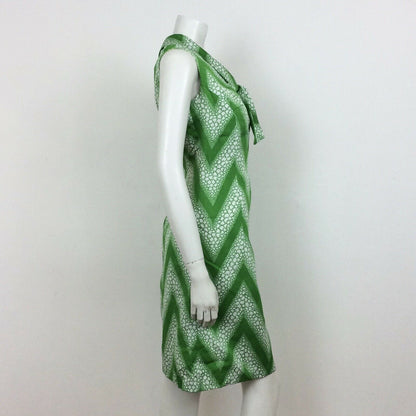 70S VINTAGE APPLE GREEN WHITE CHEVRON PUSSYBOW NECK DRESS 12 14