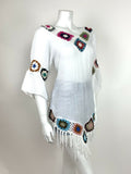 VTG 70s ETHNIC PEASANT WHITE TOP CROCHET BLUE PINK RED GYPSY TASSEL TOP 10 12 14