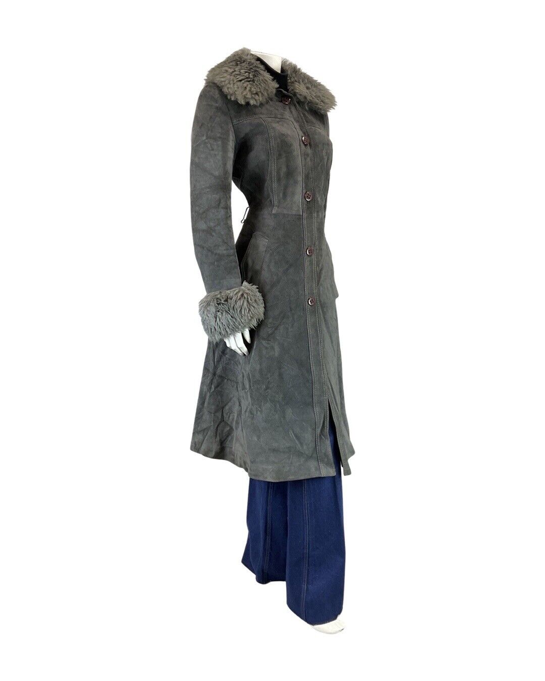 VINTAGE 60s 70s DARK GREY MOD SUEDE LEATHER LONG PRINCESS COAT 12