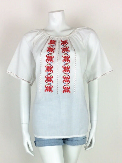 VINTAGE 60s 70s ETHNIC BLOUSE WHITE RED FLORAL CROSS STITCH HIPPY 12 14